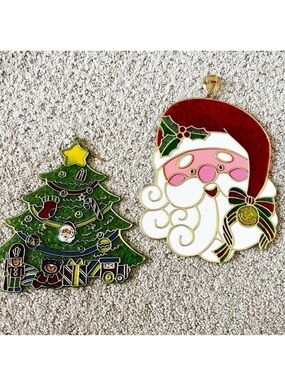 Santa Christmas Tree Faux Stained Glass Plastic Sun Catcher Red Green Window